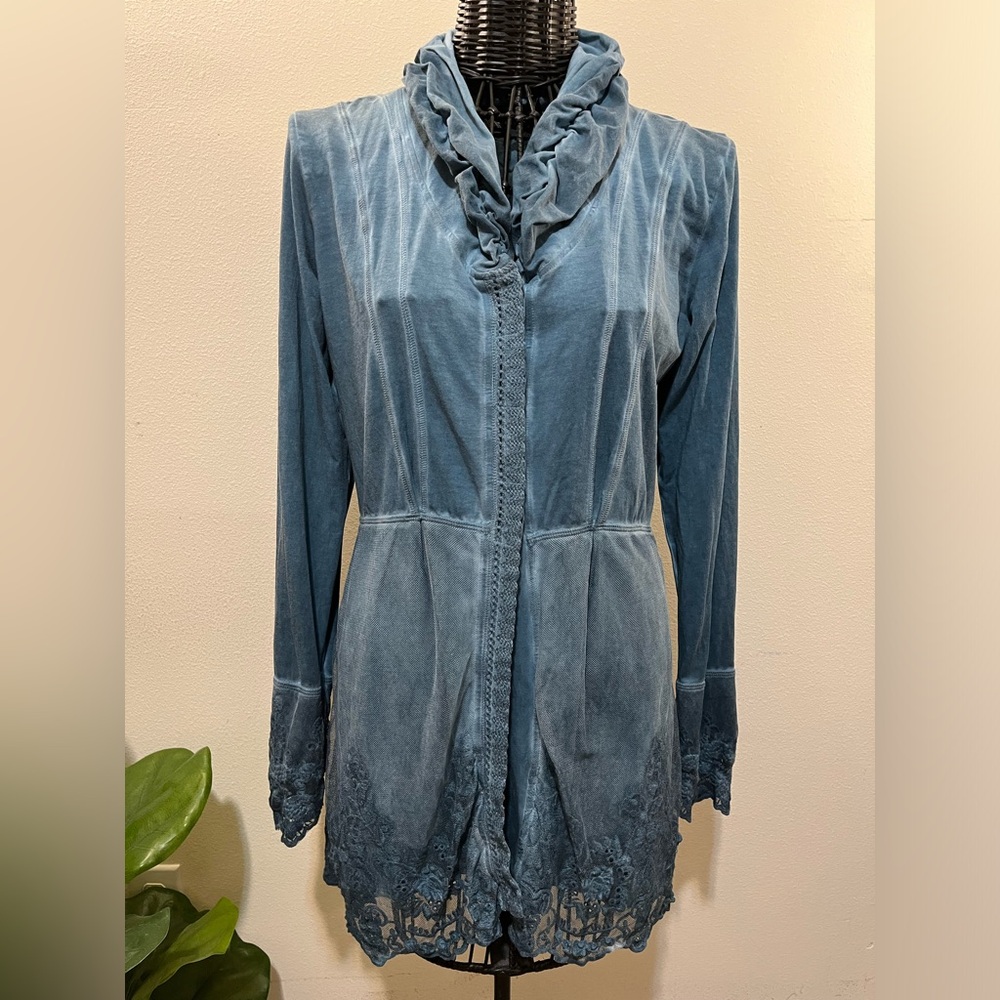 Blue Ruffled Embroidered Lace Long Sleeve Top